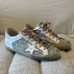 Golden Goose Silver Glitter Sneakers with White Accents